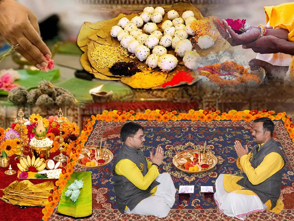 Illustration of two priests with food offerings seated on a mat, not a photograph