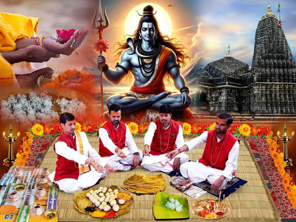 Illustration of Shiva above a temple and priests seated at a puja, not a photograph