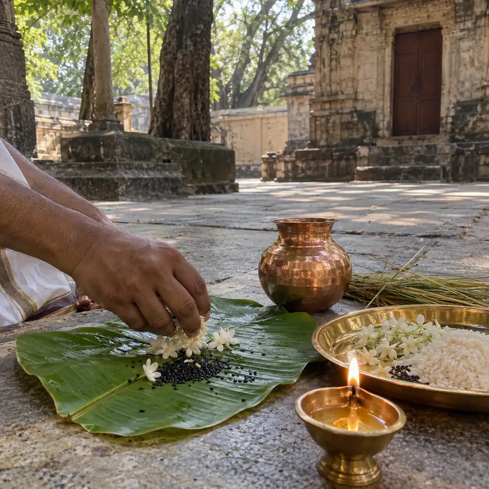 Hand placing flowers on a banana leaf beside a copper pot and lamp at an old stone shrine