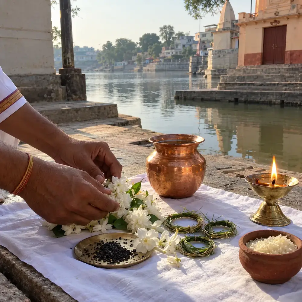Hands placing flowers and grains on a white cloth with a copper pot and lamp beside a river ghat