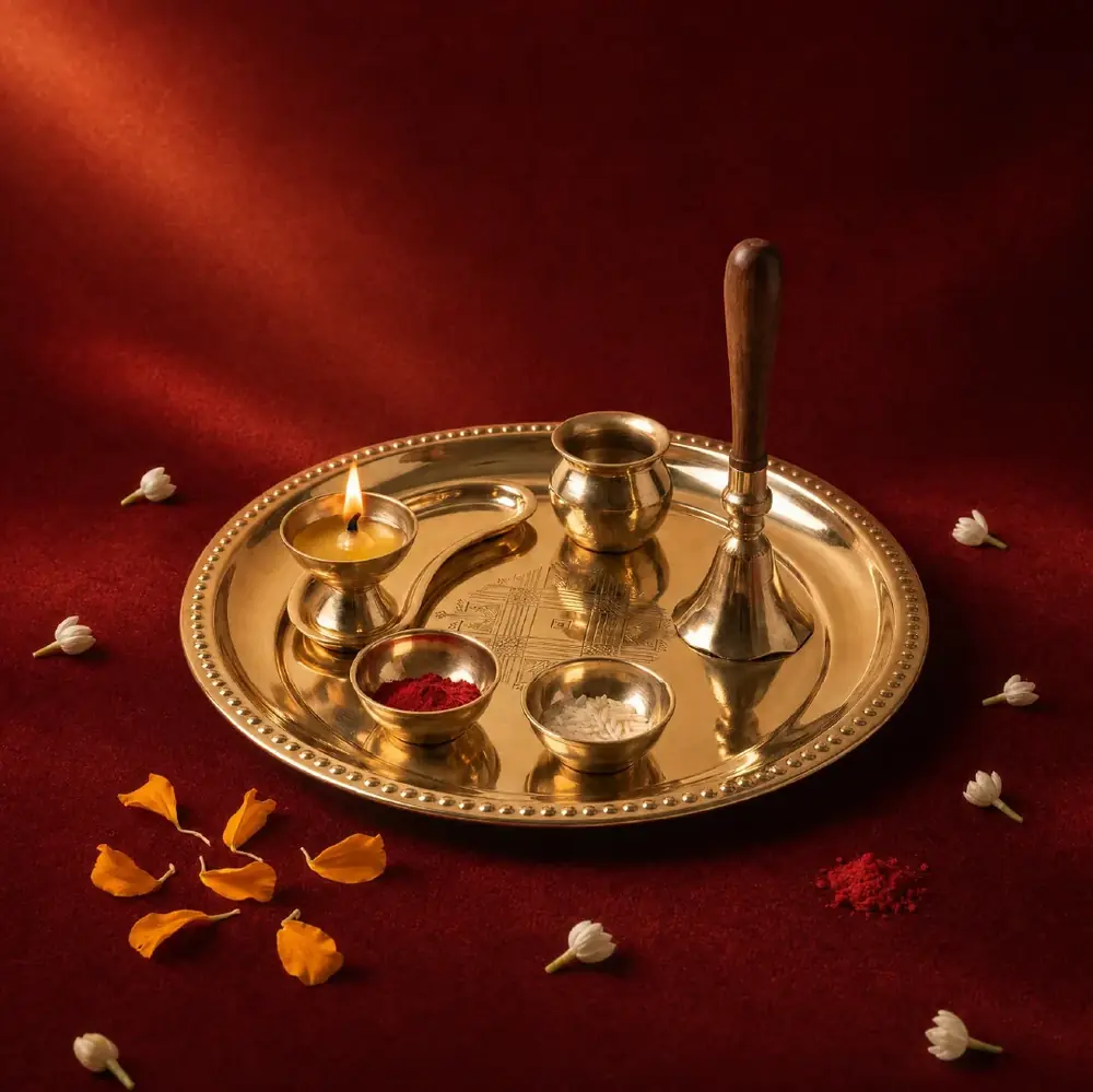 Brass pooja thaali set on a red cloth with marigold petals