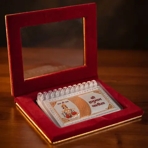 The flip book in an open red velvet-lined box
