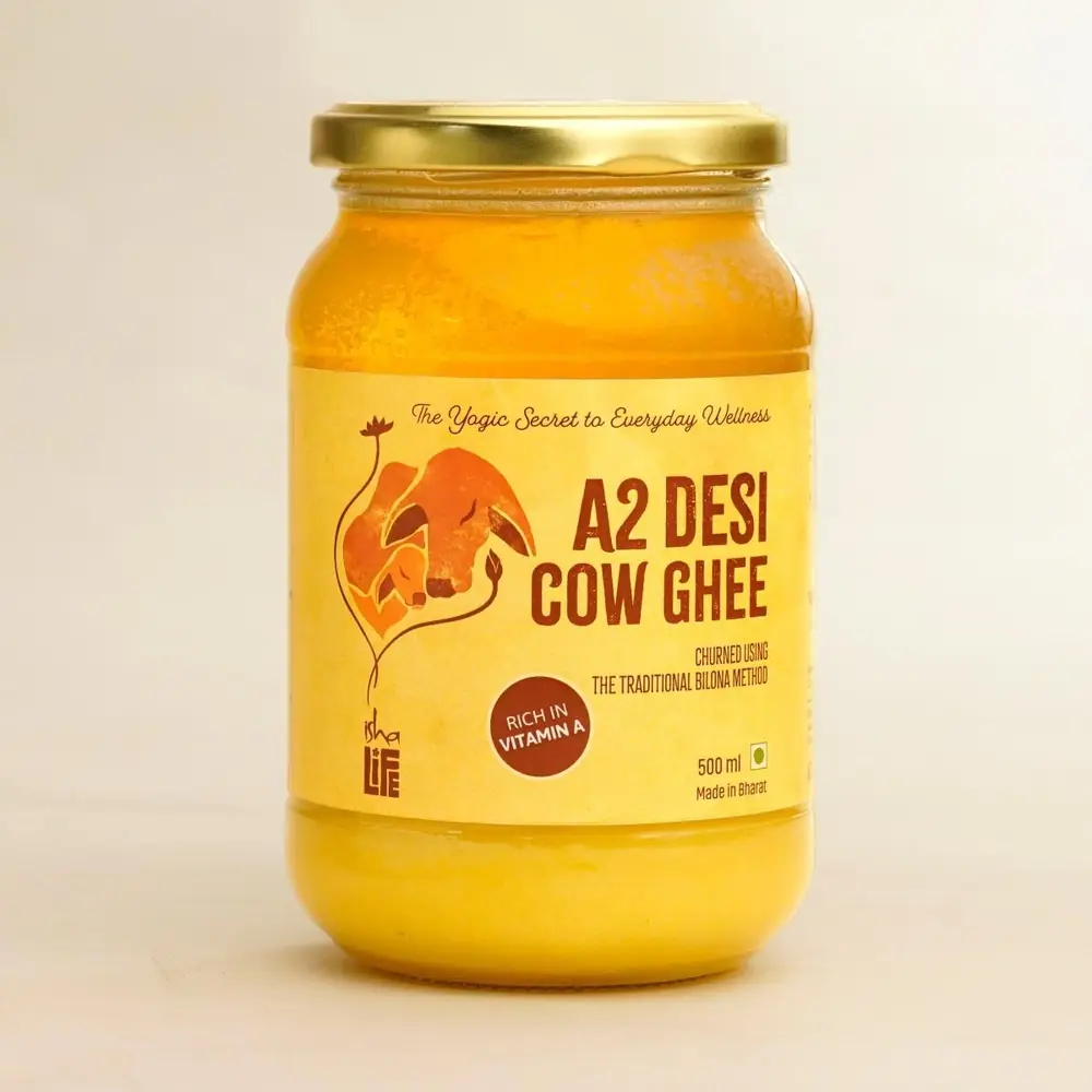 Front of the 500 ml A2 desi cow ghee jar with a gold lid