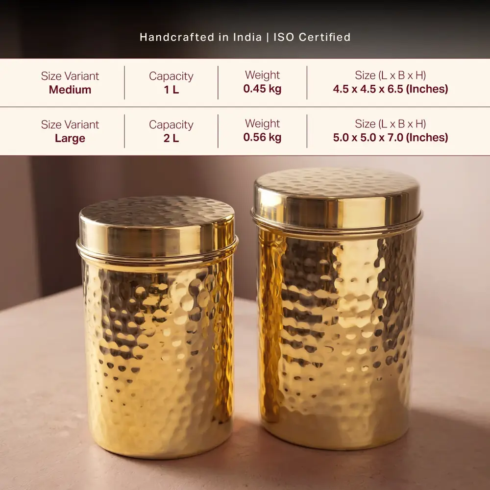 Two brass canisters of different sizes side by side