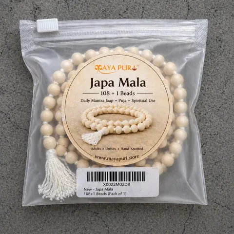 The mala in a clear pouch from another angle
