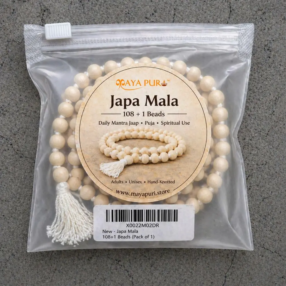 The mala in a clear pouch from another angle