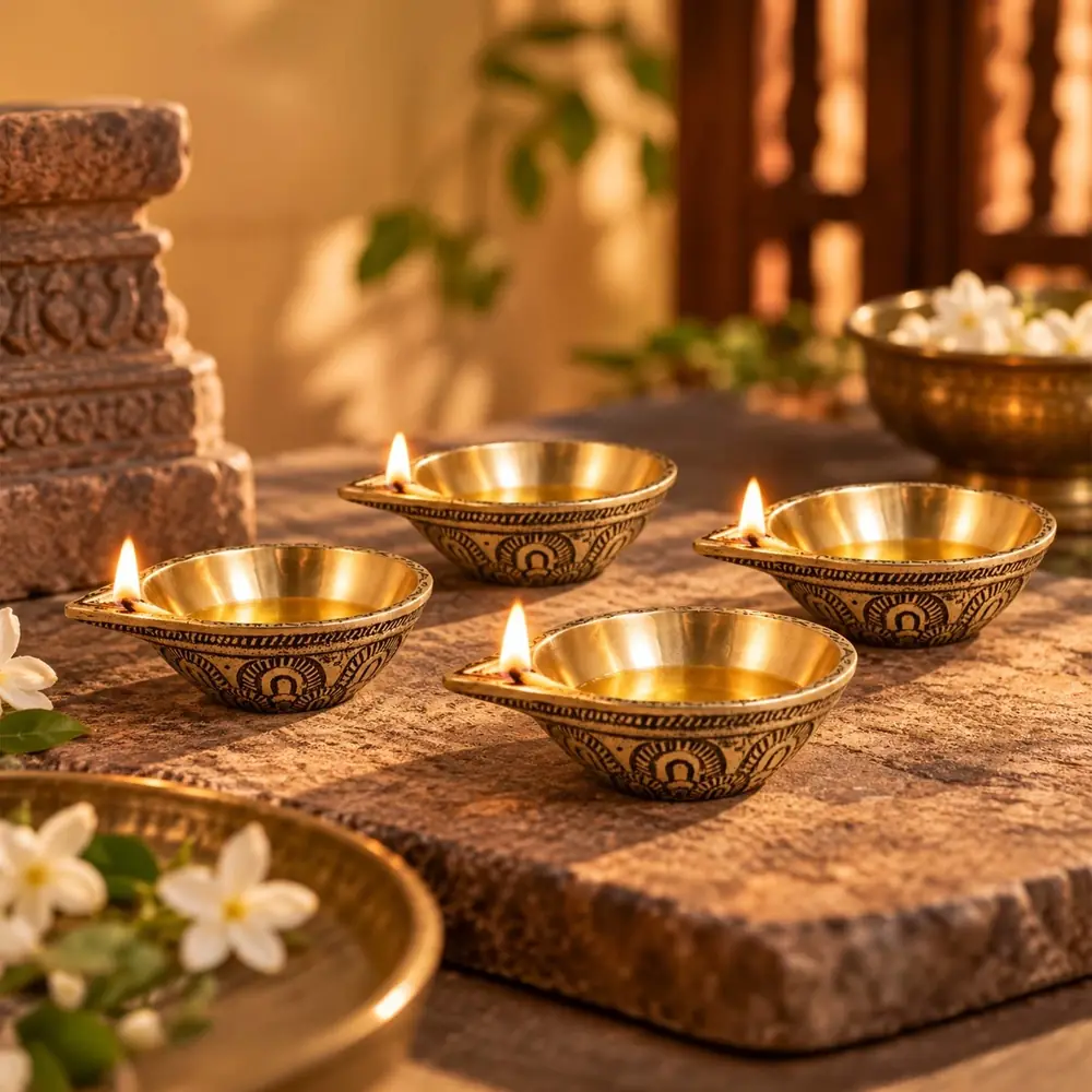 Four small golden lamps lit on a stone ledge with flowers