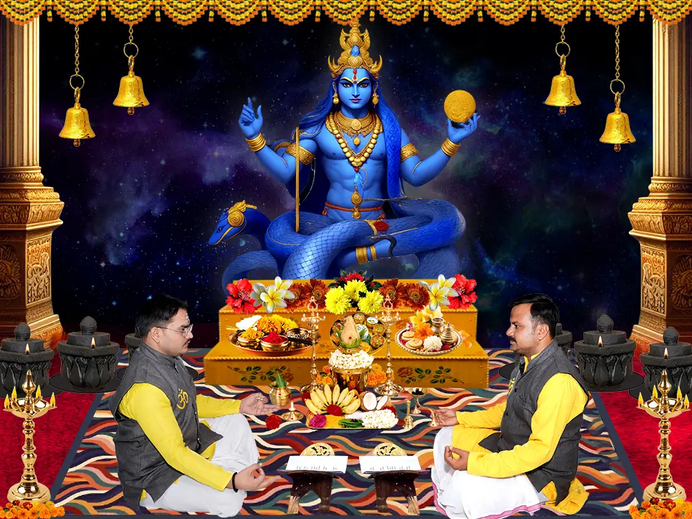 Illustration of Rahu with two priests seated at a puja, not a photograph