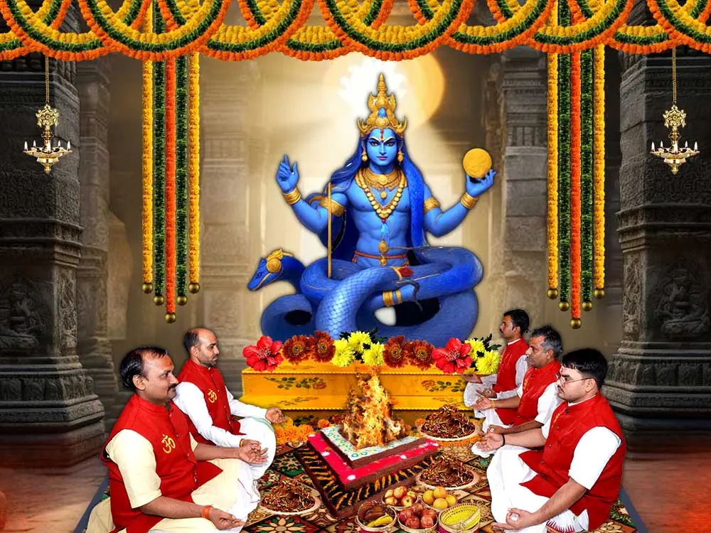 Illustration of a blue four-armed deity with priests at a havan below