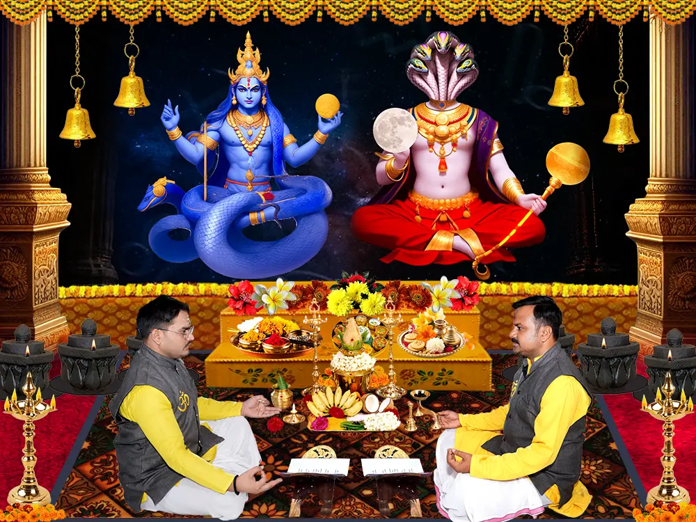 Illustration of Rahu and Ketu with two priests seated at a puja, not a photograph