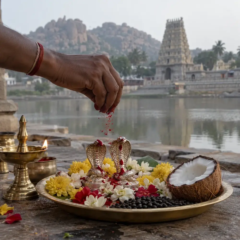 Hand sprinkling grains on a plate of flowers and a coconut beside a lamp, with a temple tower behind