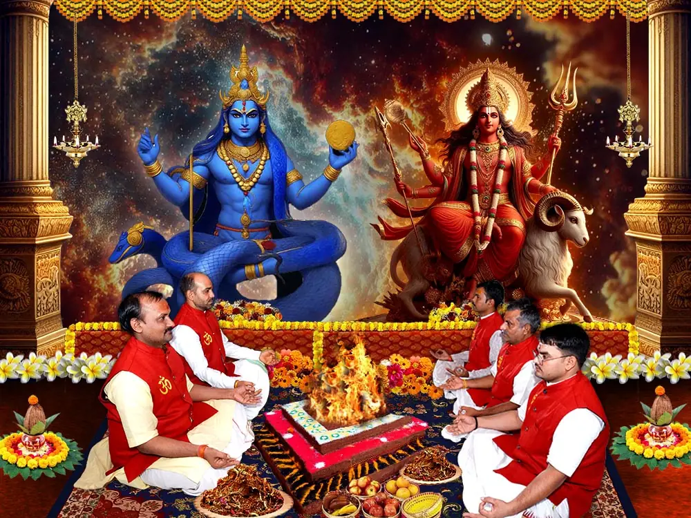 Illustration of the deity with priests at a puja, not a photograph