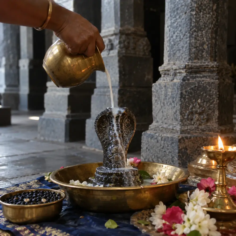 Milk being poured over a stone snake figure in a brass bowl inside a temple hall
