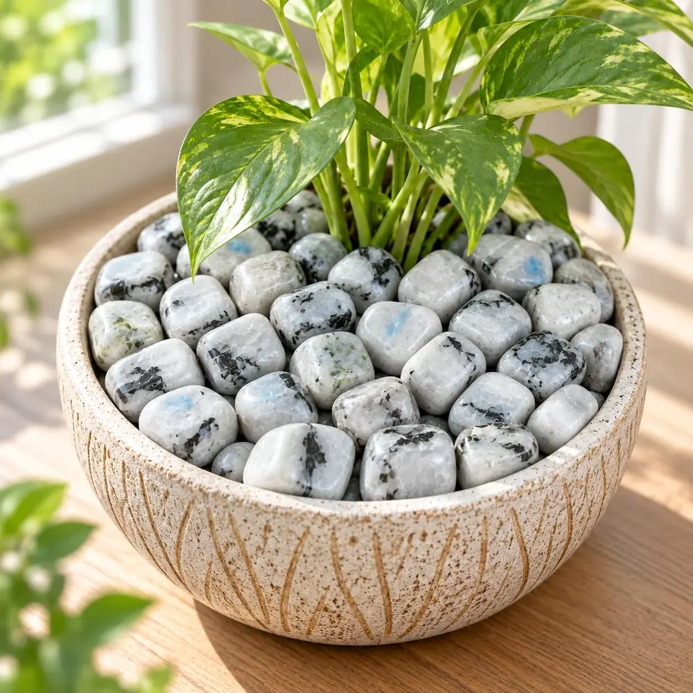 Tumbled moonstones in a bowl set among plant leaves