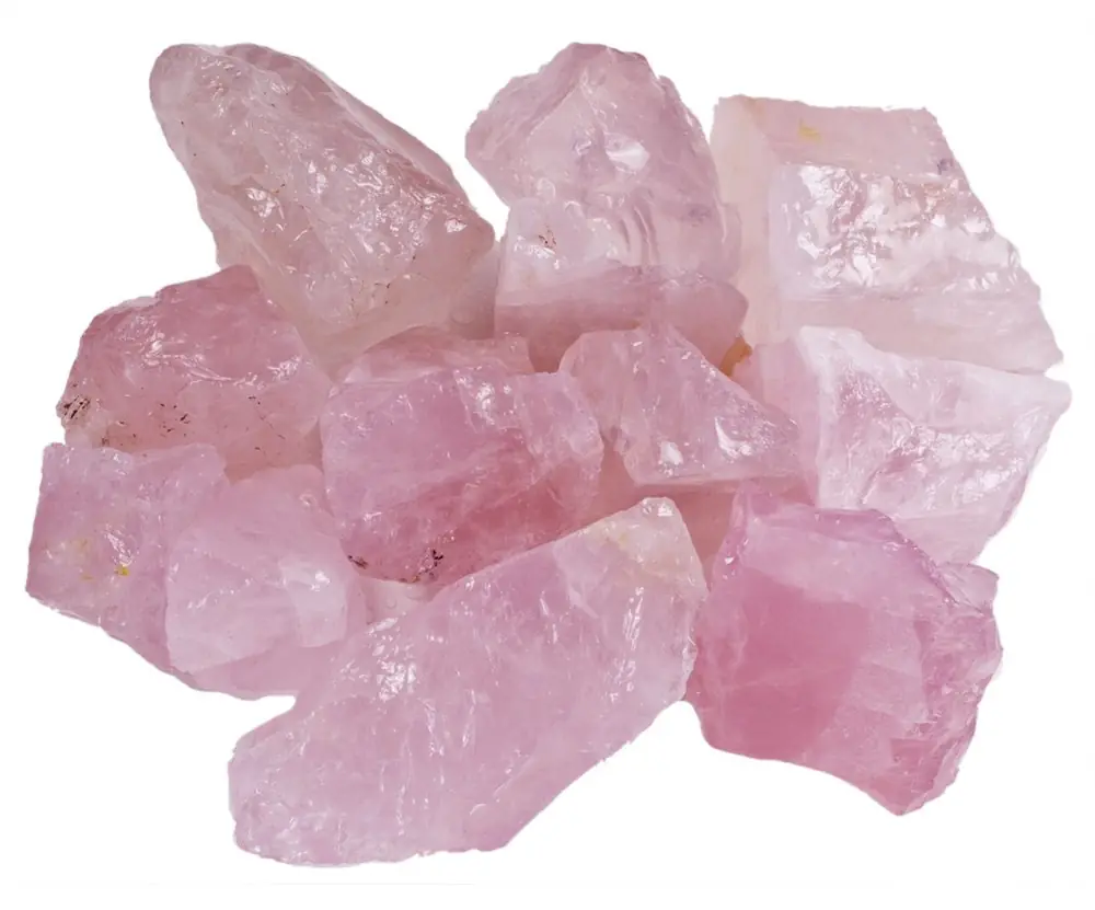 Pile of raw pink rose quartz pieces
