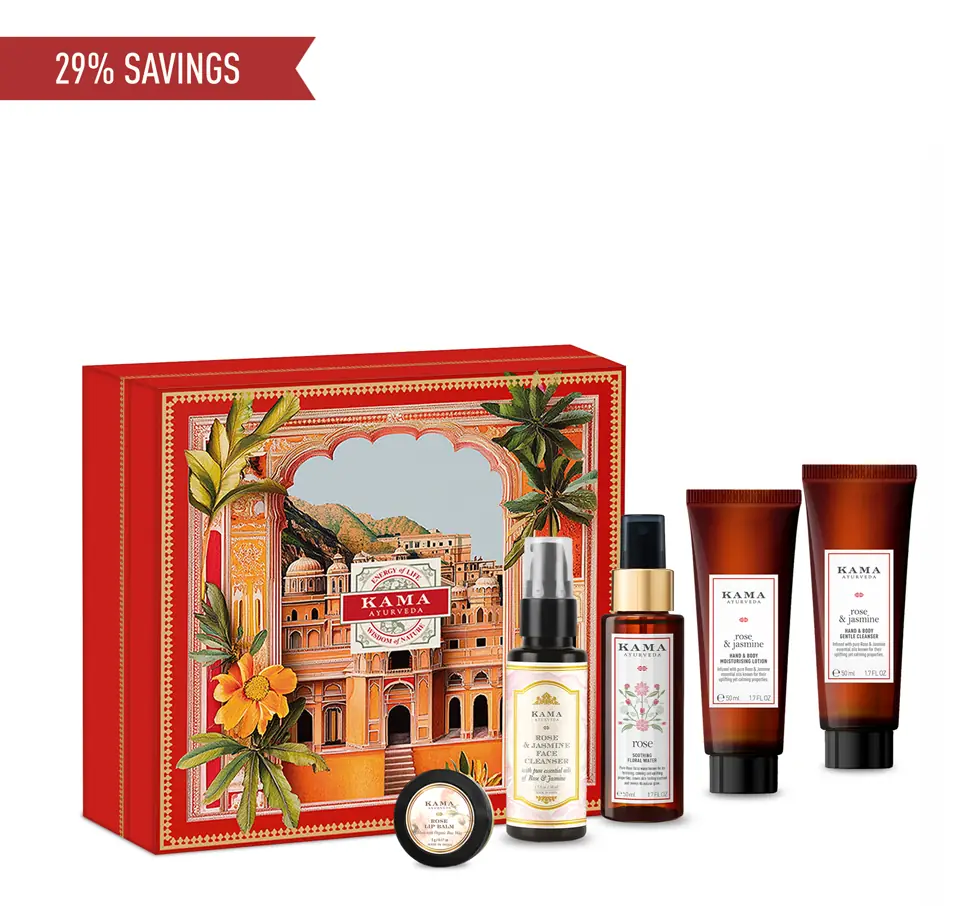 Red Rose Wellness gift box with the five products beside it