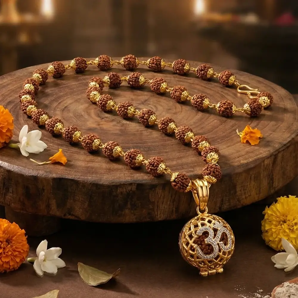 Mala coiled on a wooden stand with marigolds