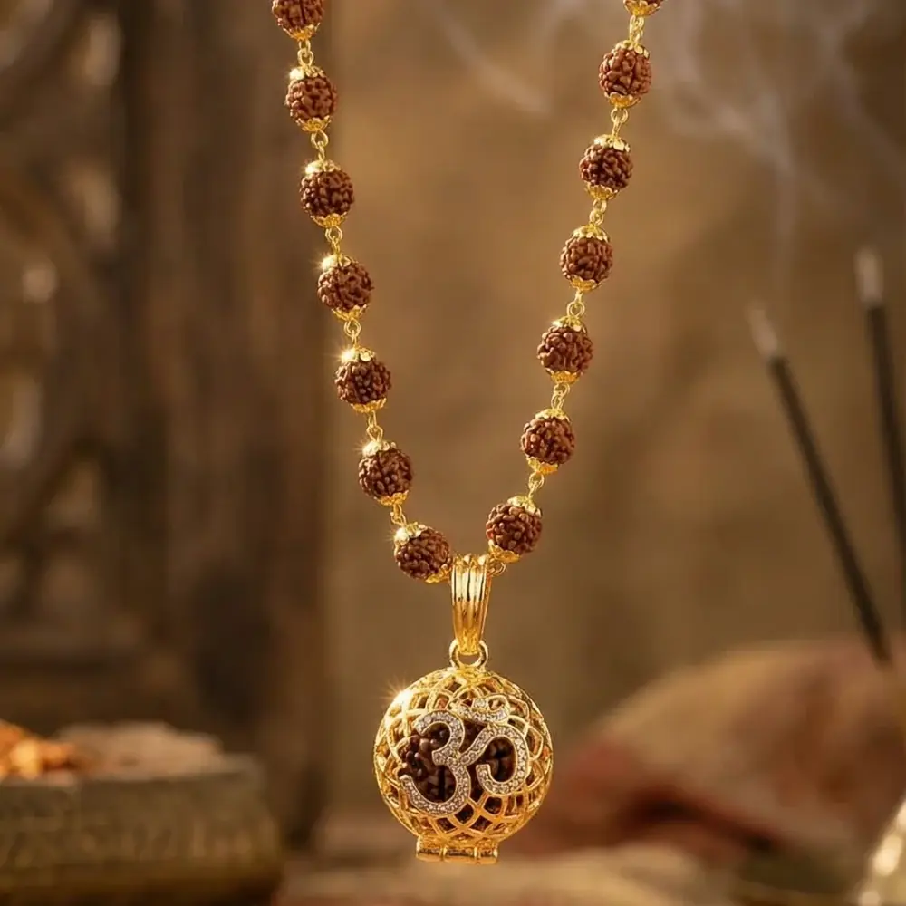 The mala hanging, with the Om pendant frame at the bottom