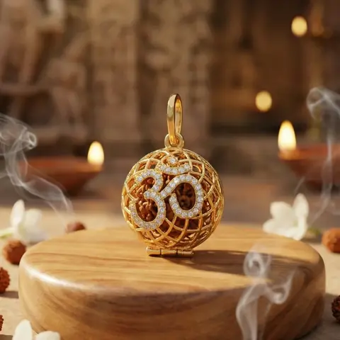 The 9 mukhi bead in its gold-tone frame, with lamps behind