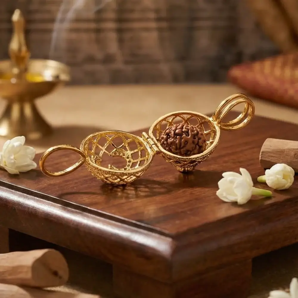 The pendant frame opened beside a rudraksha bead