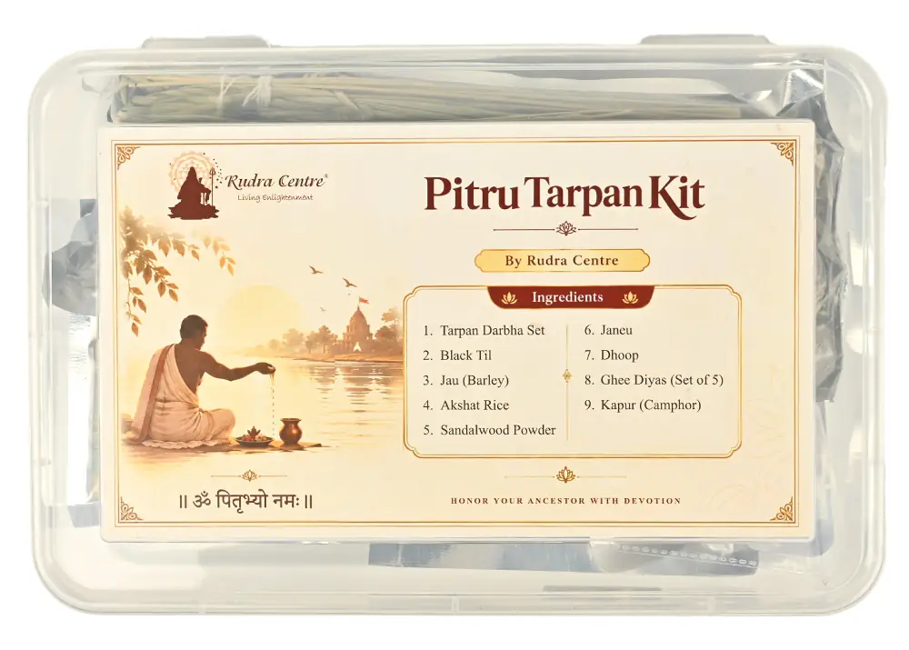 Clear plastic box with the Pitru Tarpan Kit label
