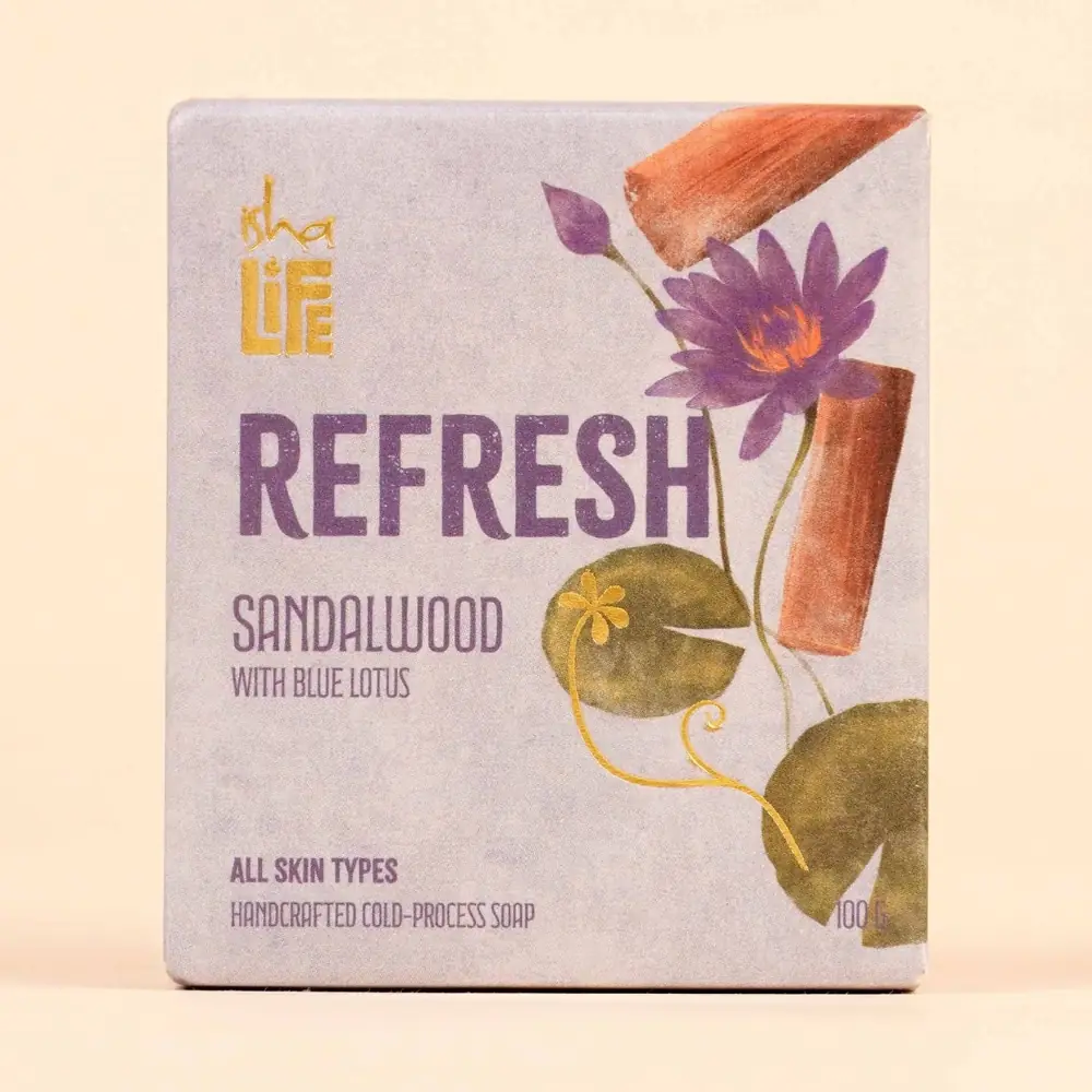 Sandalwood and Blue Lotus soap carton with lotus and sandalwood print