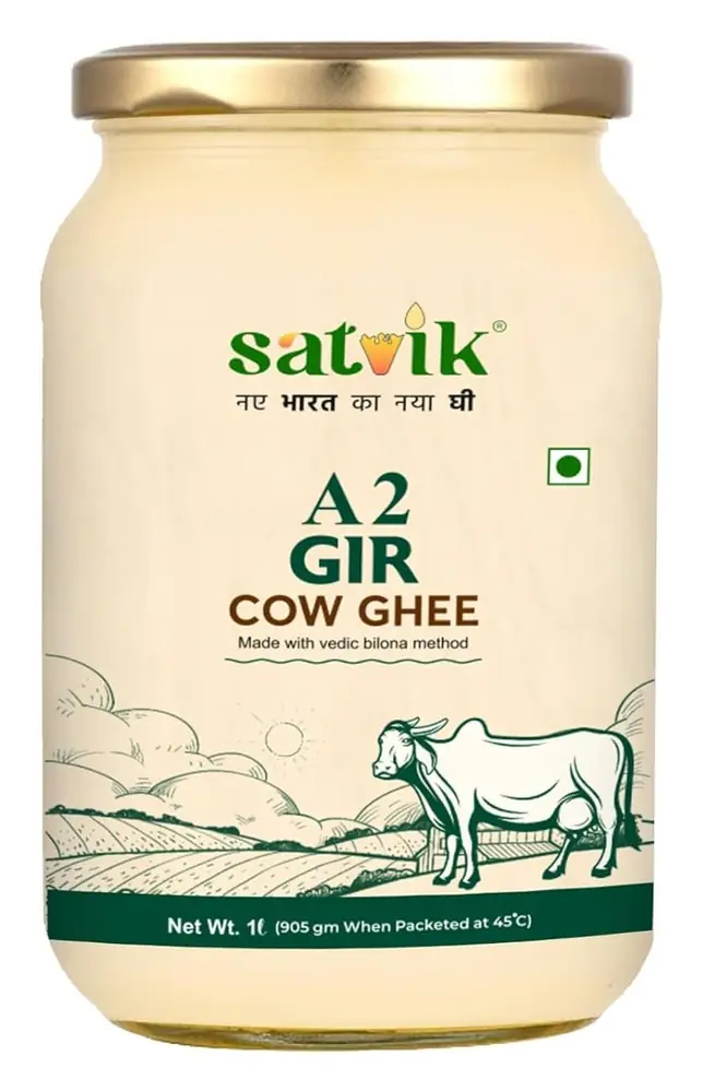 Glass jar of SATVIK A2 Gir cow ghee on a white ground