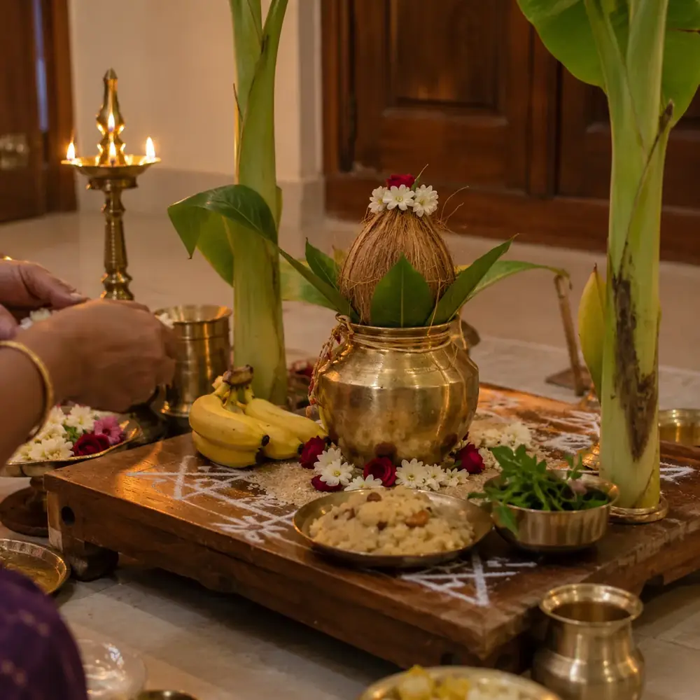 A kalash with coconut and banana leaves beside a lamp and offerings on a wooden tray