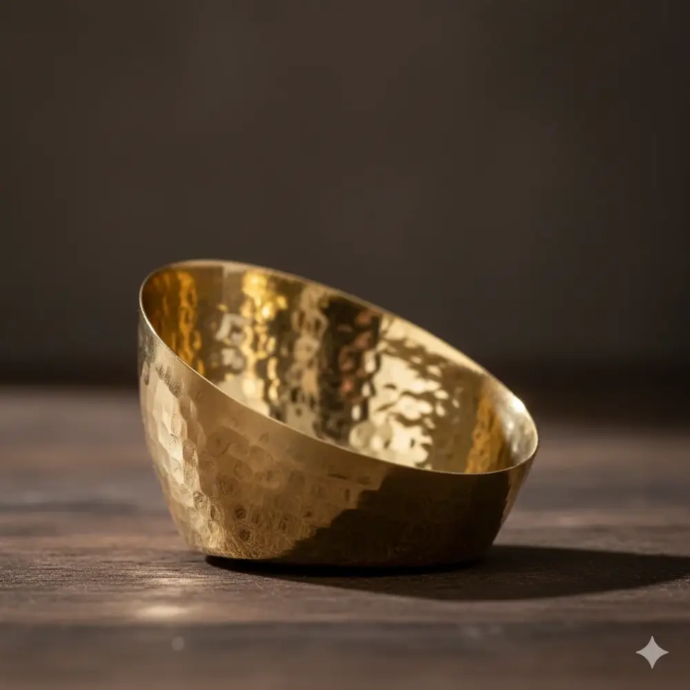 Brass holder with a lit tea light on a dark ground