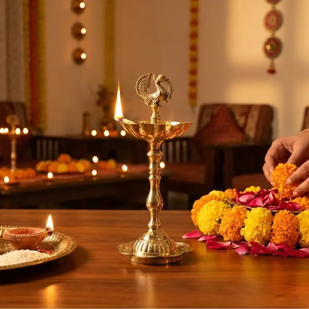 The lamp lit among marigolds on a table
