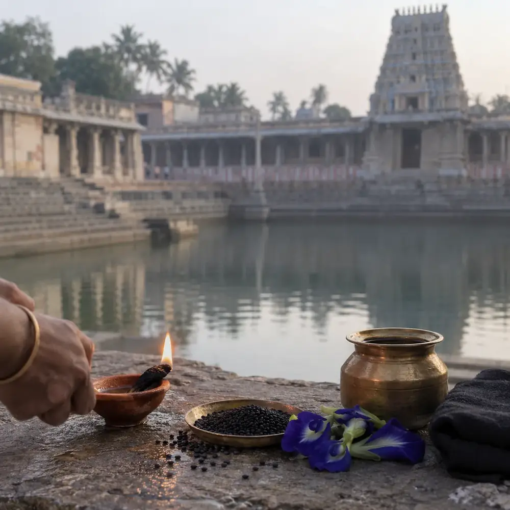 A hand lighting a small lamp beside a temple tank, with a brass pot and a heap of dark offerings