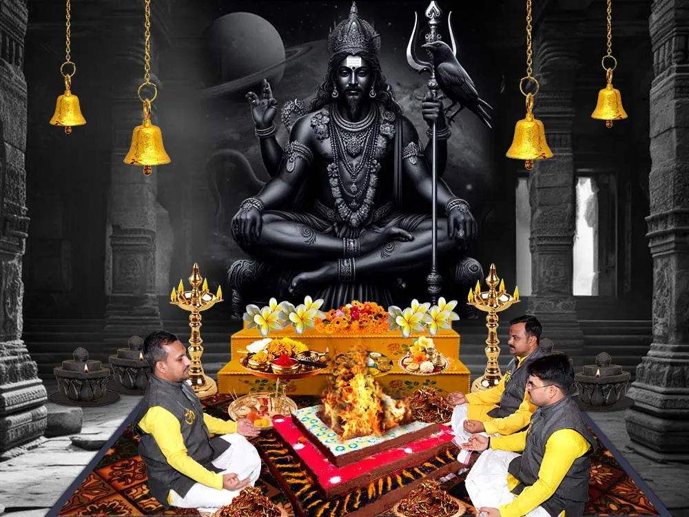 Black and white illustration of Shani with priests at a havan below
