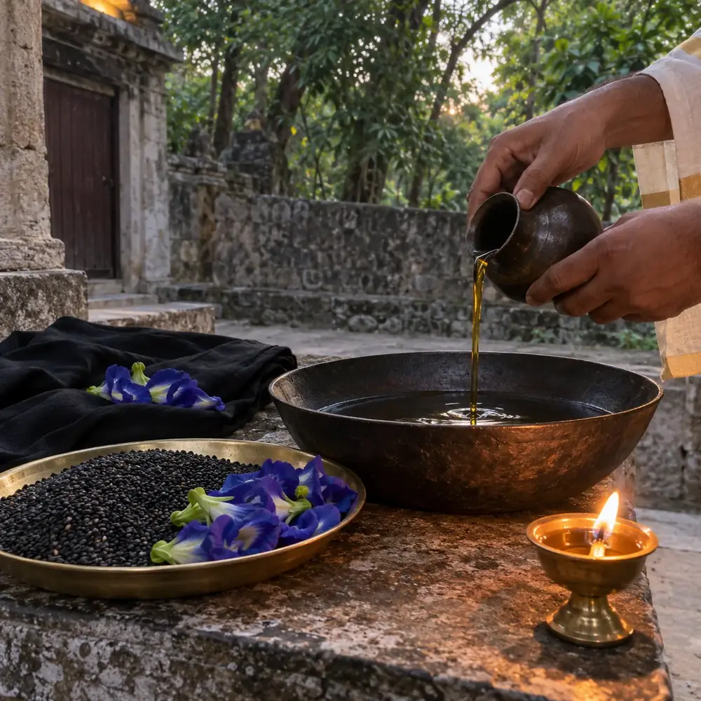 Hands pouring oil into a bowl beside black sesame seeds, blue flowers and a lamp at a stone ruin