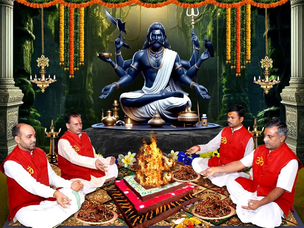 Illustration of Shani seated with priests at a havan below