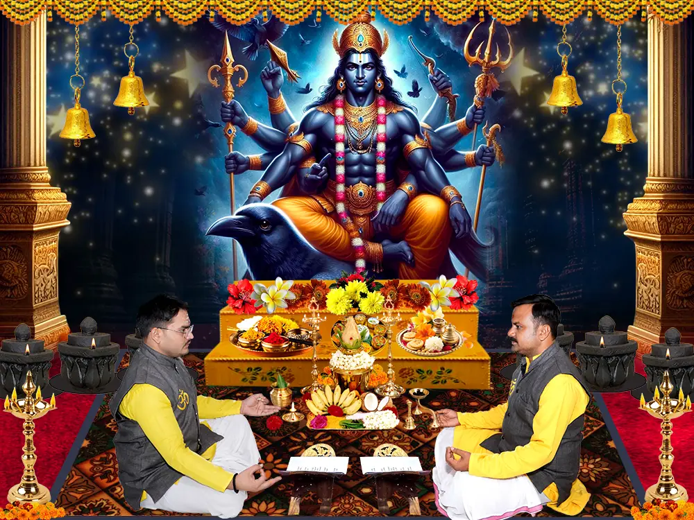 Illustration of Shani with two priests seated at a puja, not a photograph