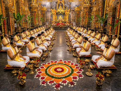 Rows of priests seated facing each other in a hall with a rangoli at the centre