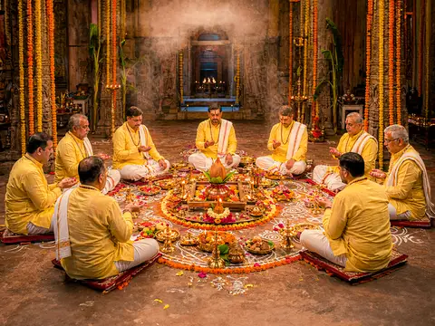 Priests seated in a circle around a rangoli lit by lamps