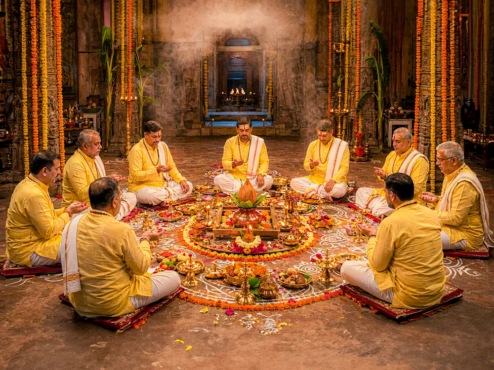 Priests seated in a circle around a rangoli lit by lamps