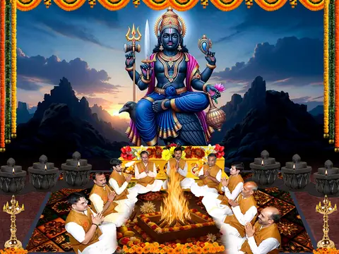 Illustration of Shani seated before a mountain scene with priests at a havan below