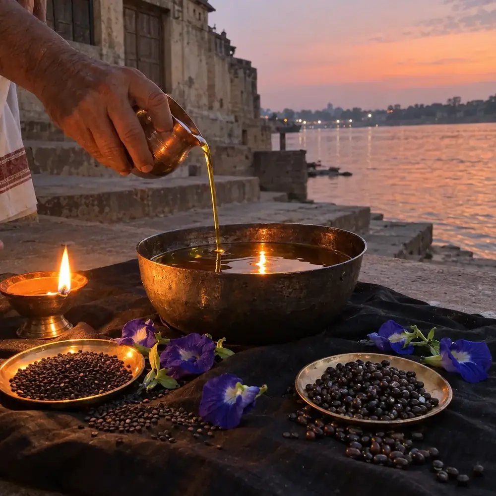 Hand pouring oil into a bronze bowl beside black seeds and a lamp on river steps at dusk