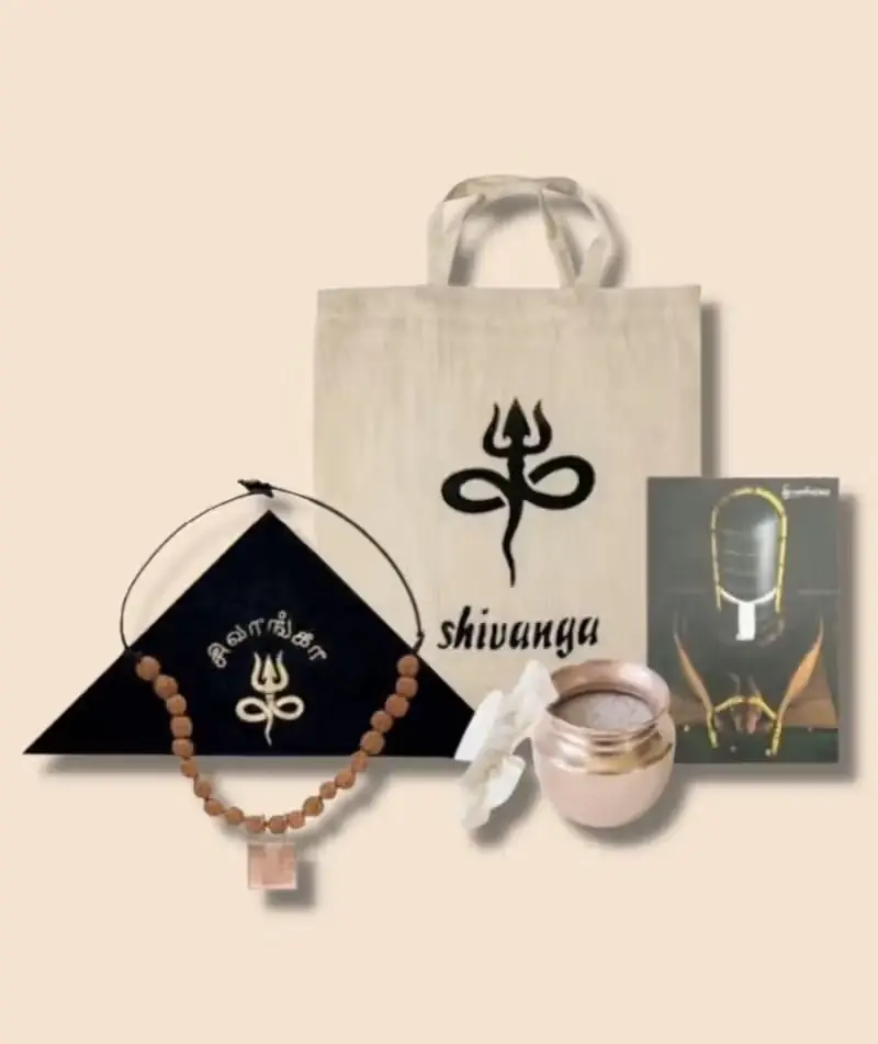 Shivanga kit with a cloth bag, black cloth, mala and items laid out