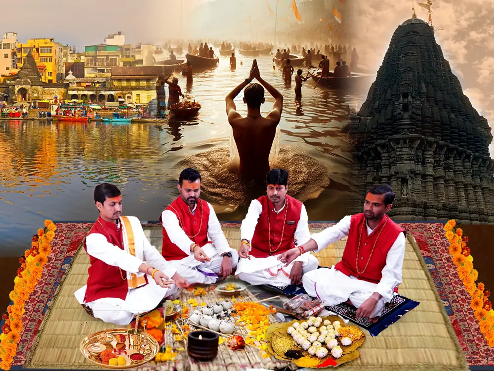 Illustration of priests performing a ritual on a mat before a temple tower and a river ghat