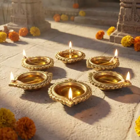 Brass diyas lit on a stone floor with warm light