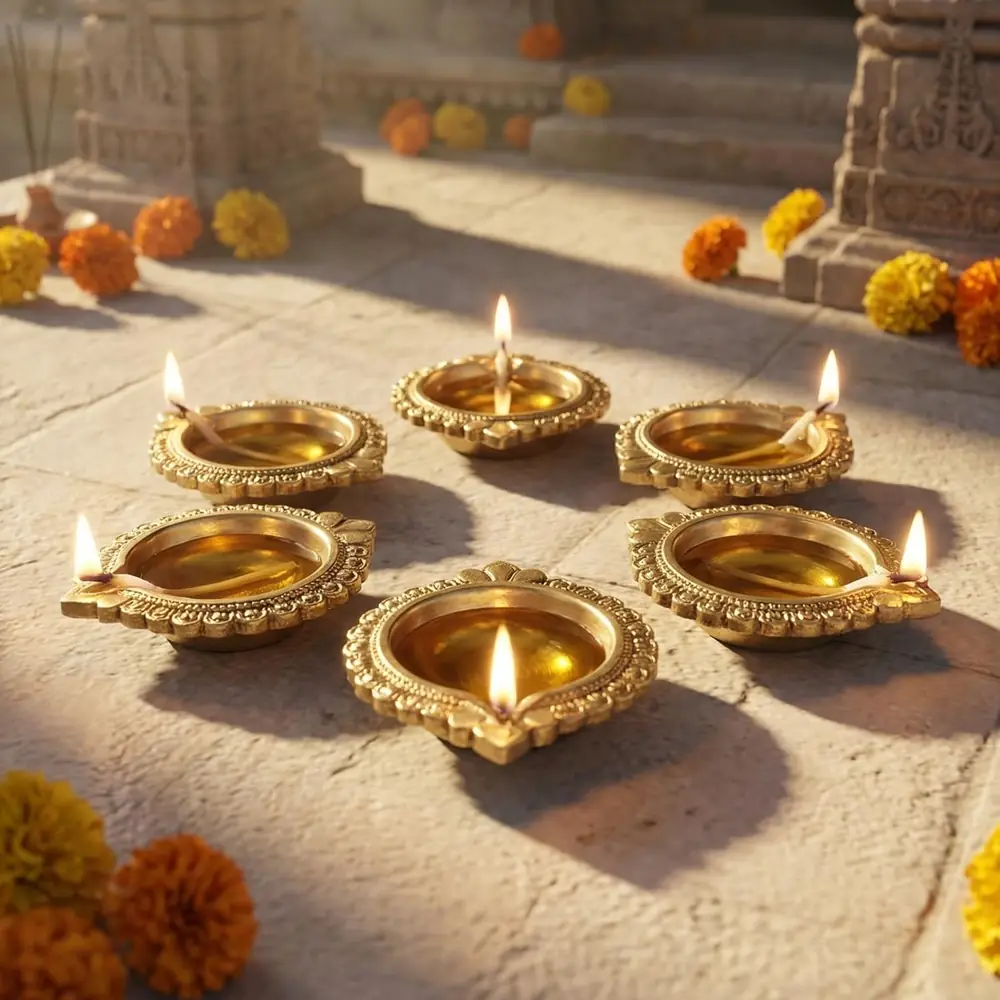 Brass diyas lit on a stone floor with warm light