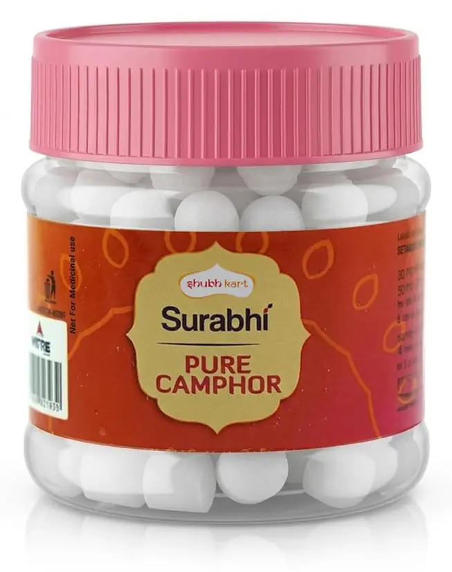 Pink lidded jar of Shubhkart Surabhi camphor tablets