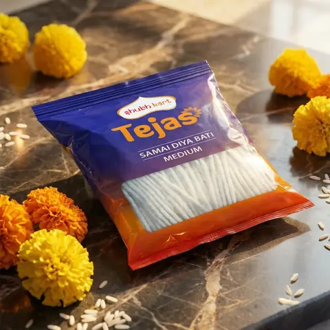 Packet of wicks on a table with marigolds