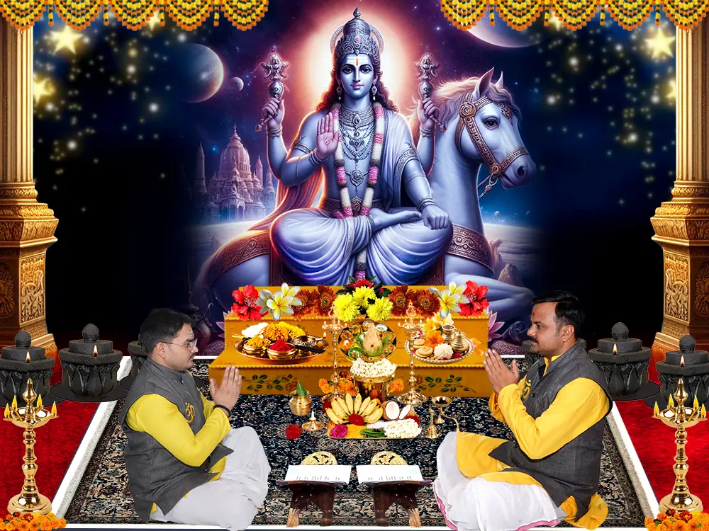 Illustration of Shukra with two priests seated at a puja, not a photograph