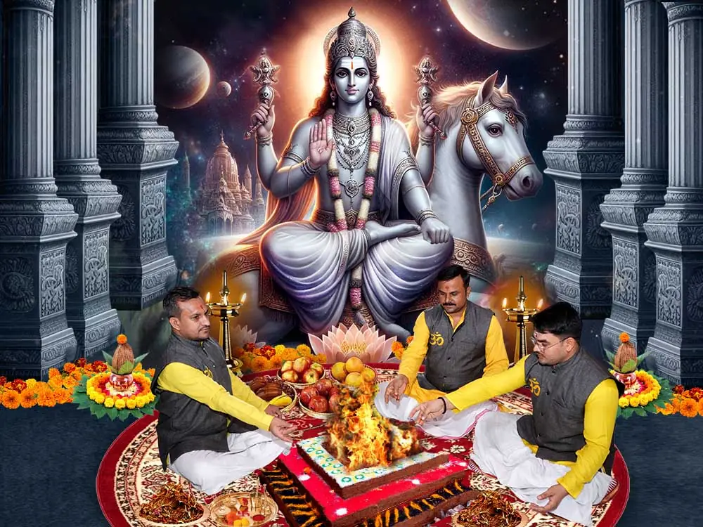 Illustration of the deity with priests at a puja, not a photograph