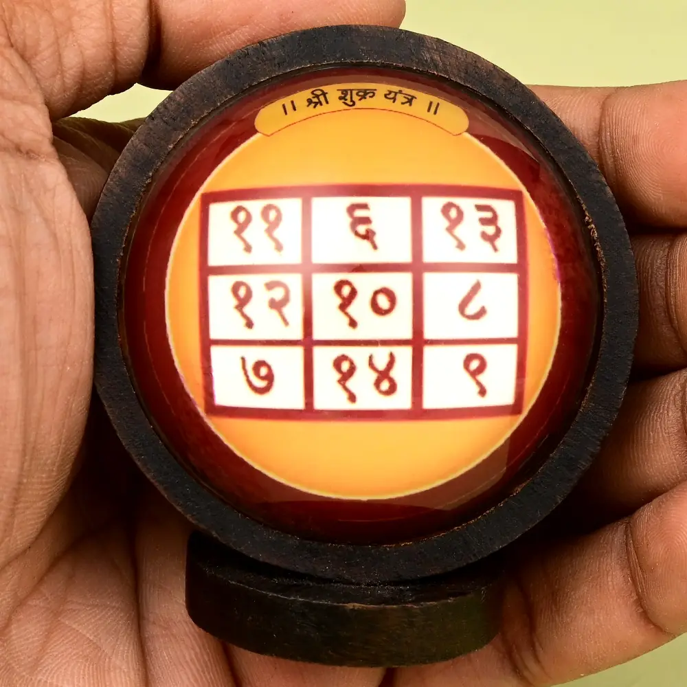 The framed yantra held in a hand for scale