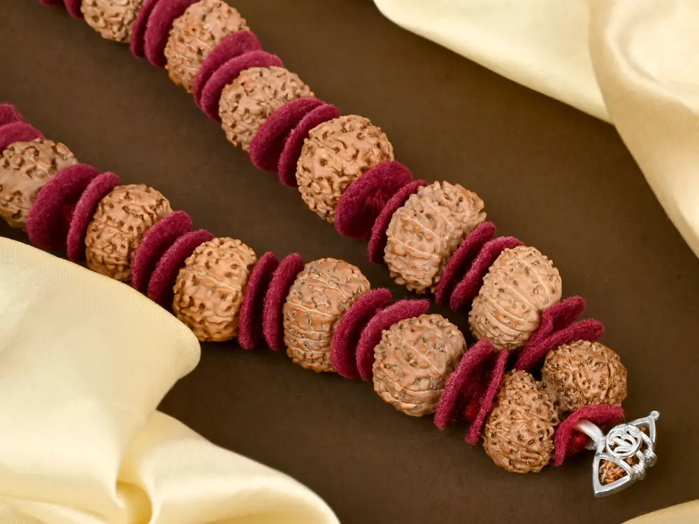 Close view of rudraksha beads between red woollen spacers